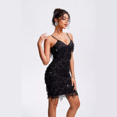 Starlight Tassel Sequin Dress – Sleeveless High-Waist Sling Style - NOIRPYJAMA
